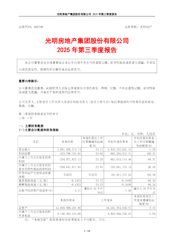 光明地产：光明地产2025年第三季度报告