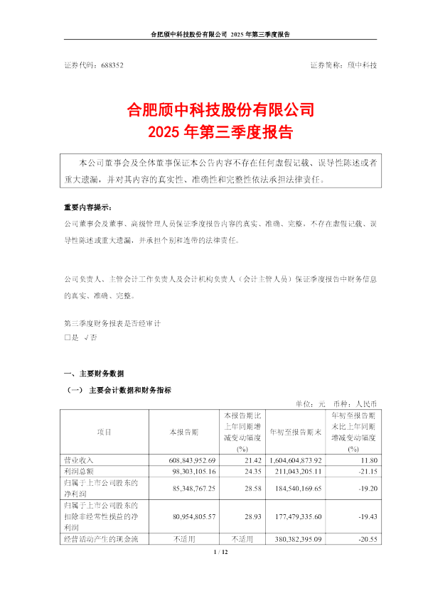 颀中科技：合肥颀中科技股份有限公司2025年第三季度报告