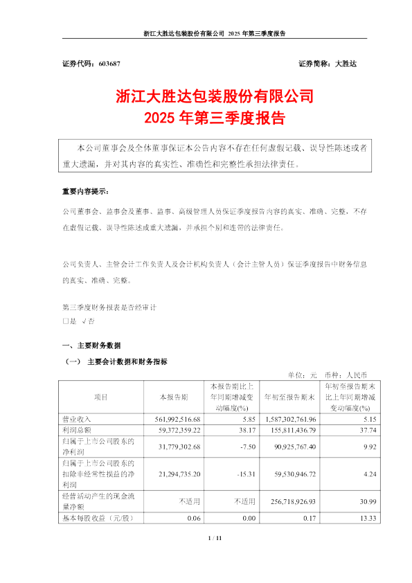 大胜达:浙江大胜达包装股份有限公司2025年第三季度报告