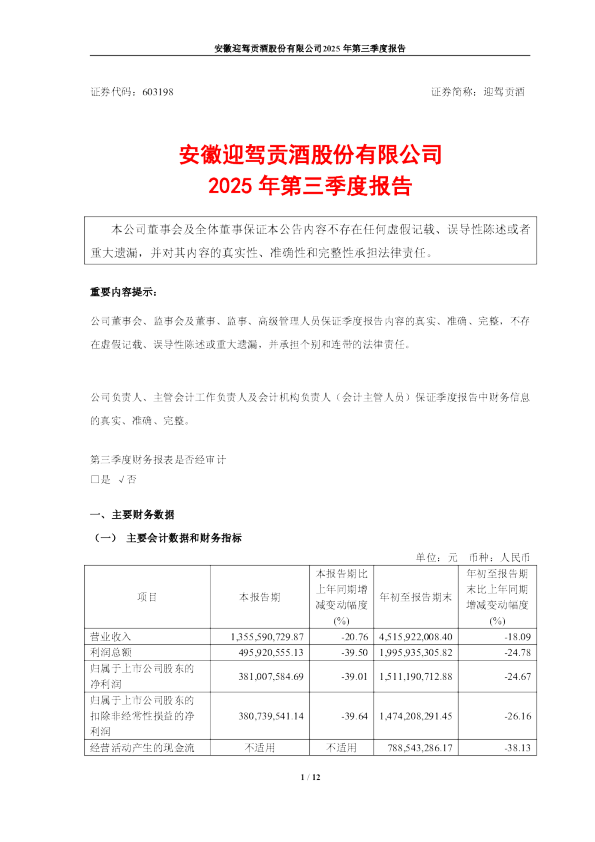 迎驾贡酒：迎驾贡酒2025年第三季度报告