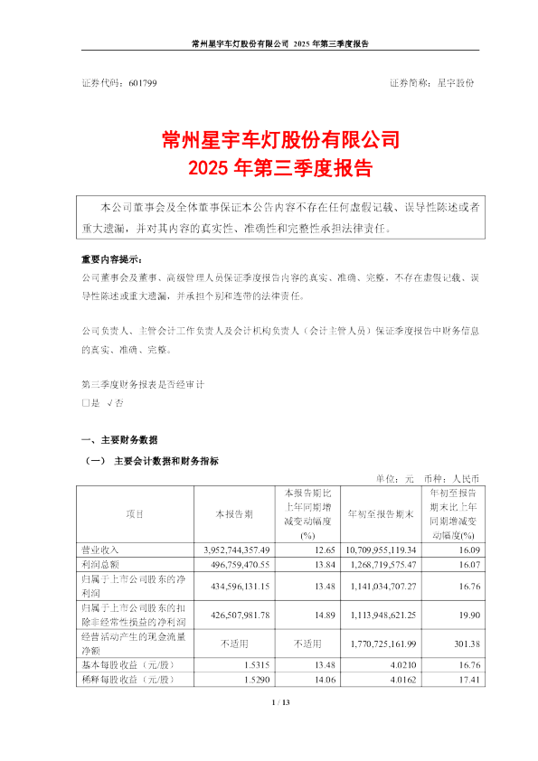 星宇股份：星宇股份2025年第三季度报告