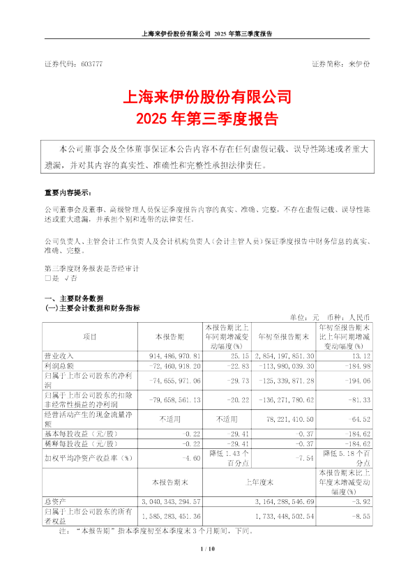 来伊份:上海来伊份股份有限公司2025年第三季度报告