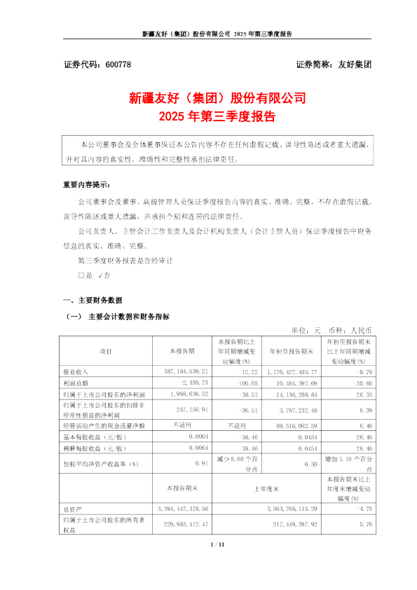 友好集团:友好集团2025年第三季度报告
