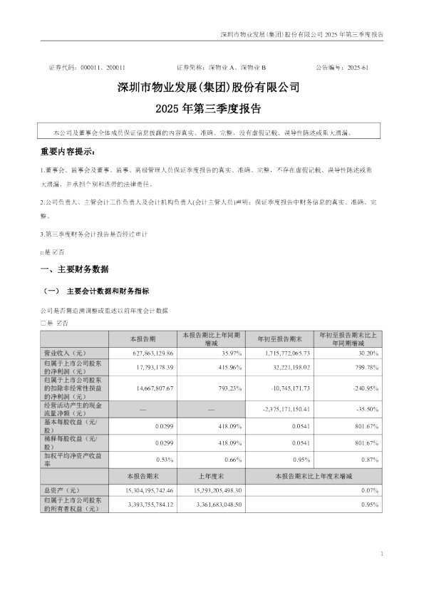 深物业A：2025年三季度报告