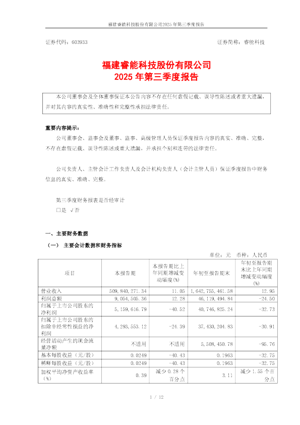 睿能科技：睿能科技2025年第三季度报告