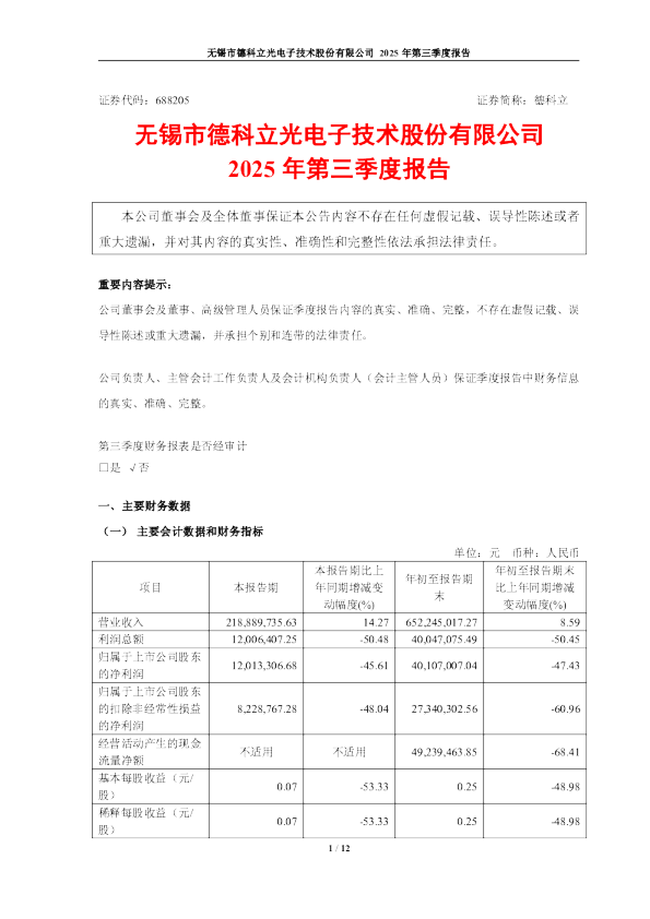 德科立：无锡市德科立光电子技术股份有限公司2025年第三季度报告