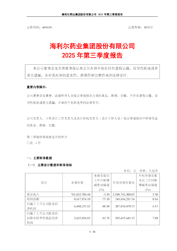 海利尔:海利尔药业集团股份有限公司2025年第三季度报告