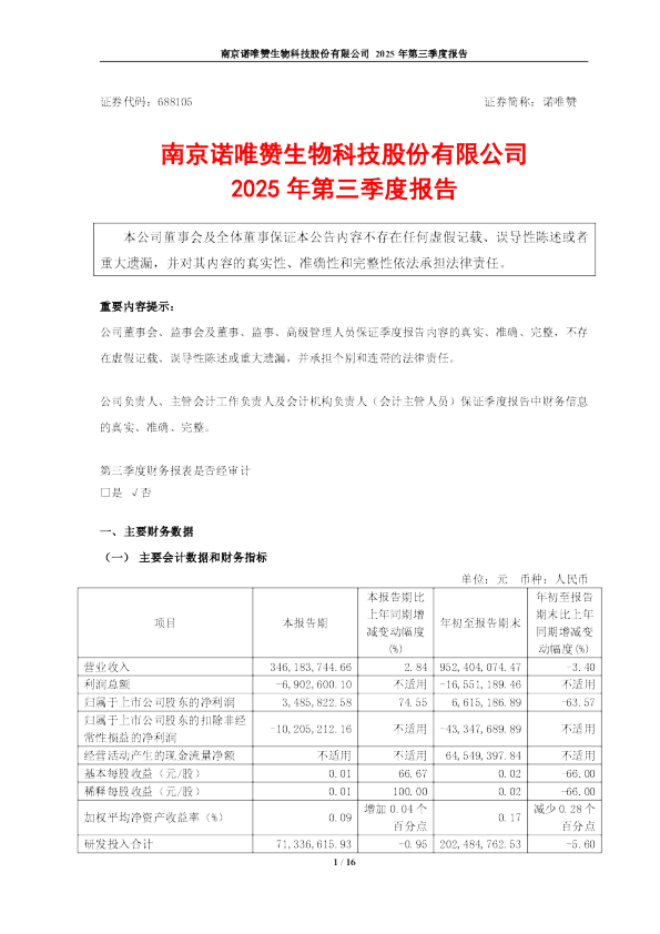 诺唯赞：2025年第三季度报告