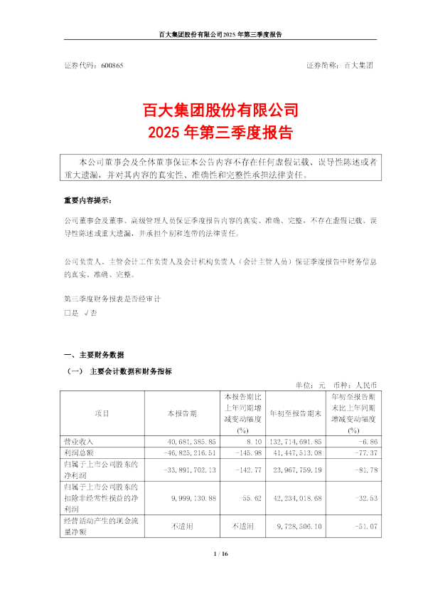 百大集团：百大集团股份有限公司2025年第三季度报告