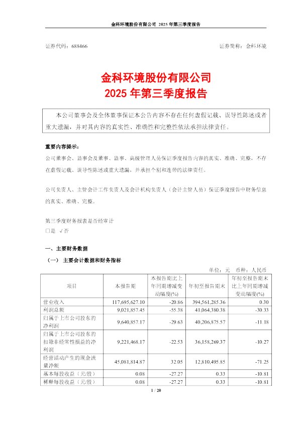 金科环境：2025年第三季度报告