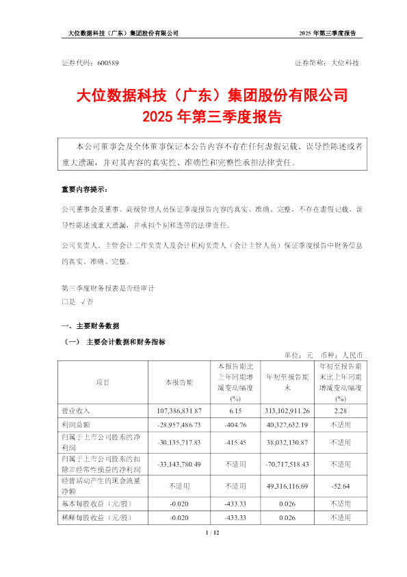 大位科技：2025年第三季度报告