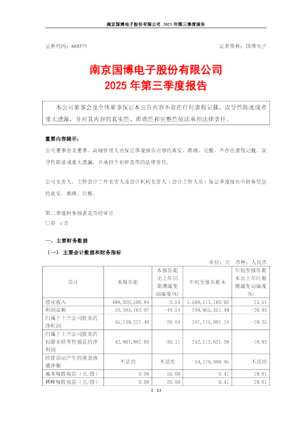 国博电子：南京国博电子股份有限公司2025年第三季度报告