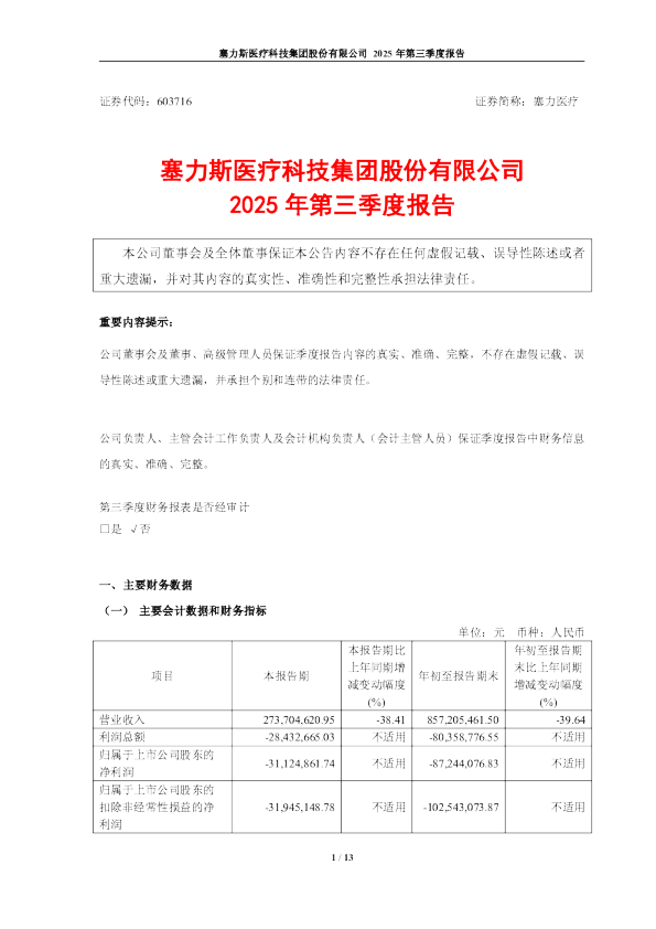 塞力医疗：2025年第三季度报告