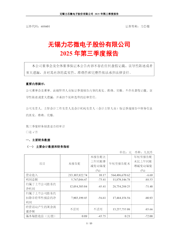 力芯微：2025年第三季度报告