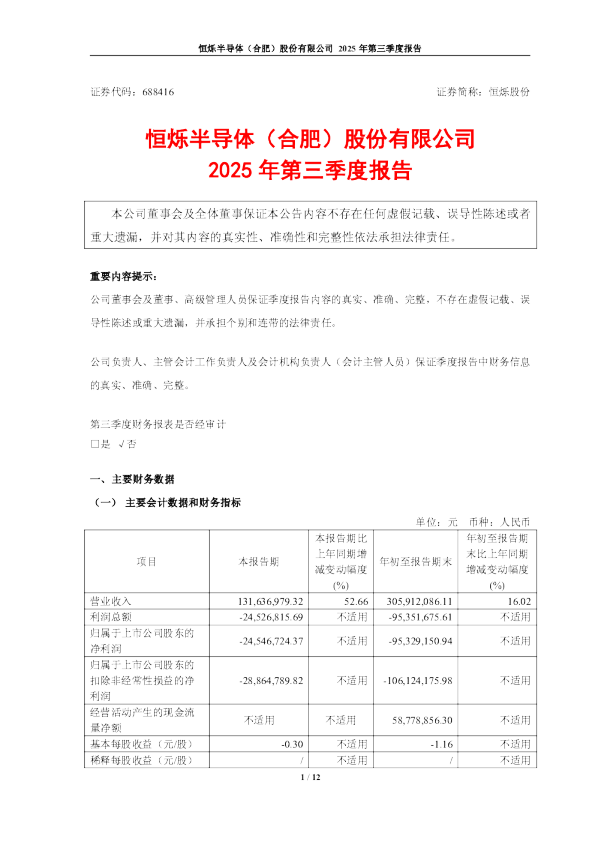 恒烁股份：2025年第三季度报告