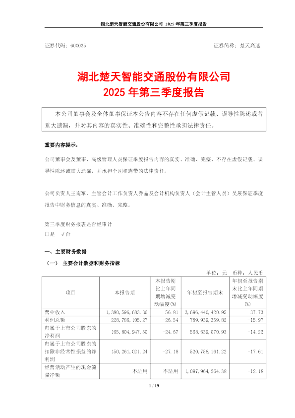 楚天高速：2025年第三季度报告
