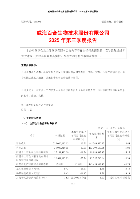 百合股份：威海百合生物技术股份有限公司2025年第三季度报告