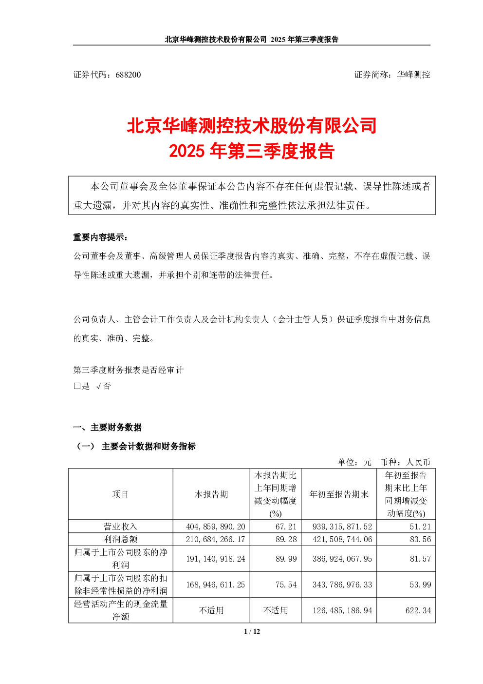 华峰测控：华峰测控2025年第三季度报告