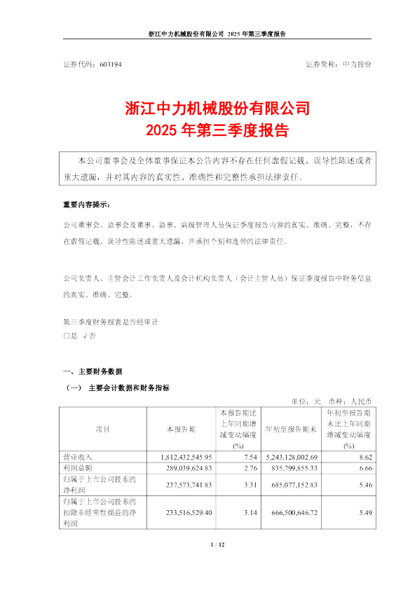 中力股份：2025年第三季度报告