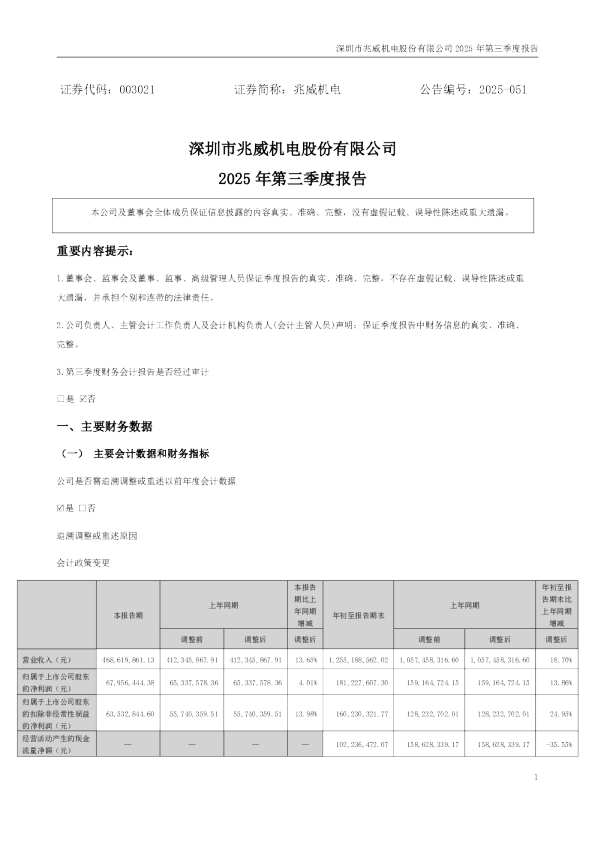 兆威机电：2025年三季度报告