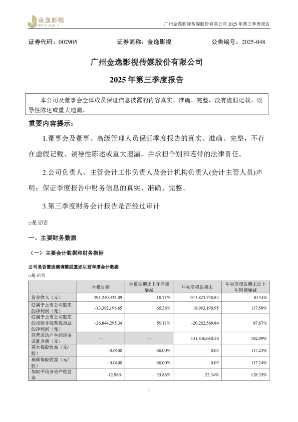 金逸影视：2025年三季度报告