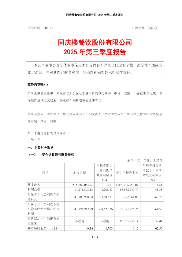 同庆楼:同庆楼2025年第三季度报告