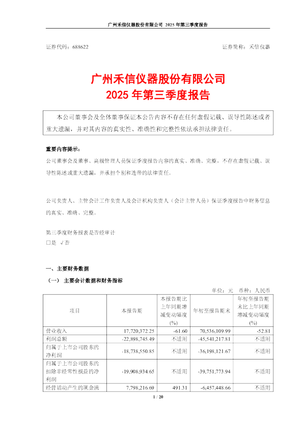禾信仪器：2025年第三季度报告