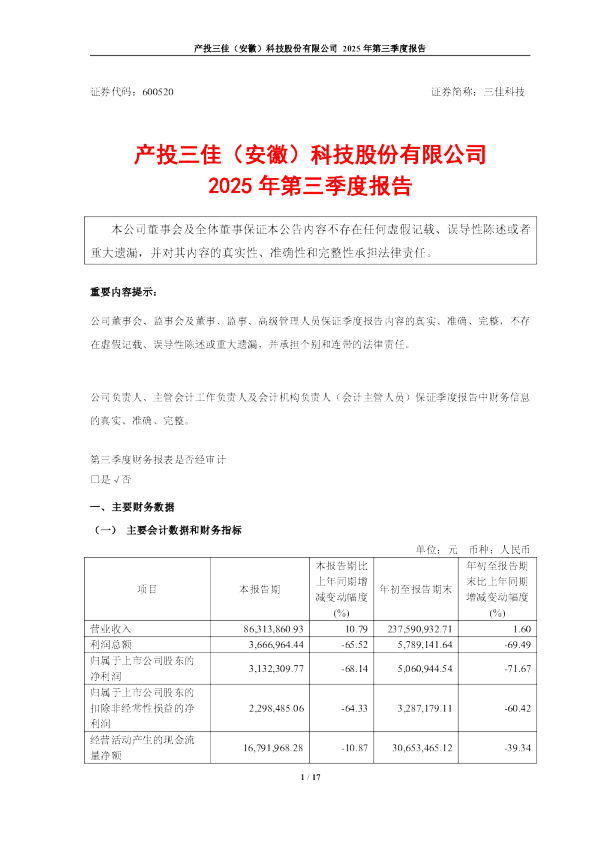 三佳科技:三佳科技2025年第三季度报告