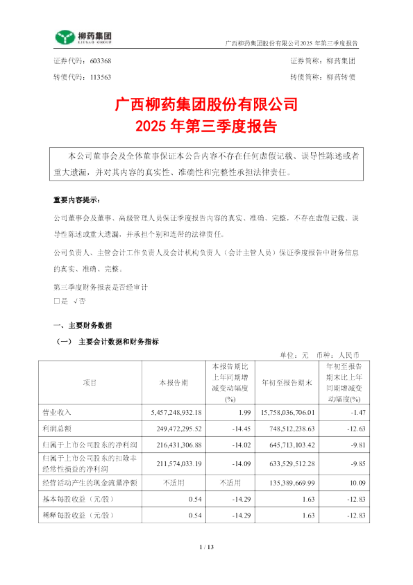 柳药集团：广西柳药集团股份有限公司2025年第三季度报告