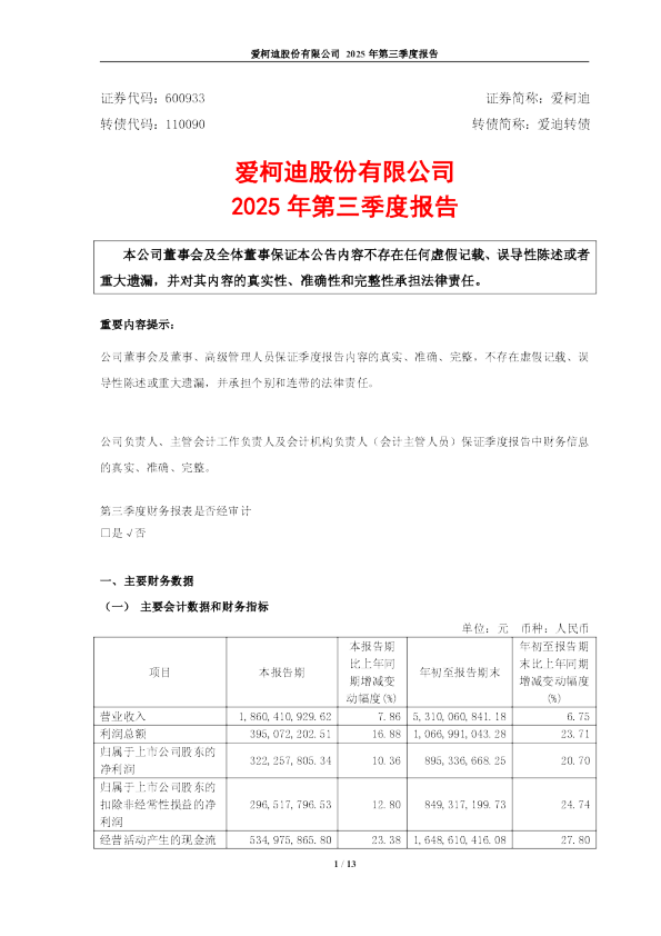 爱柯迪：2025年第三季度报告