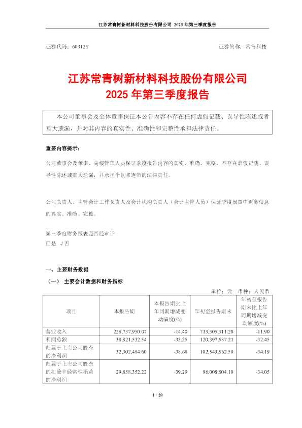 常青科技：2025年第三季度报告