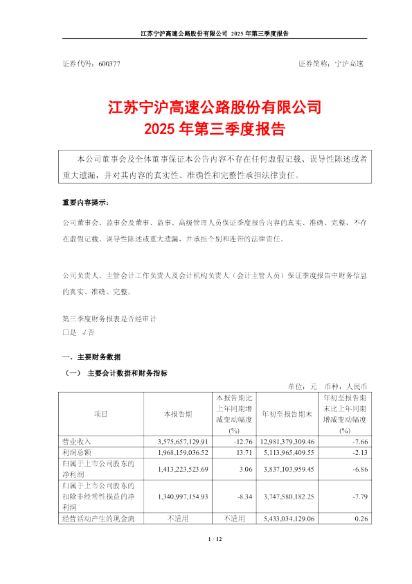 宁沪高速：2025年第三季度报告