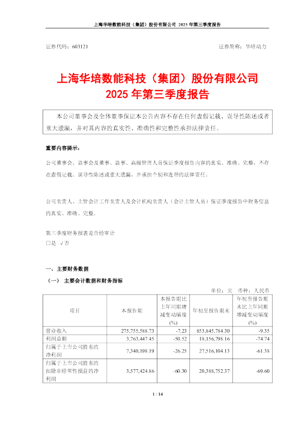 华培动力：华培动力：2025年第三季度报告