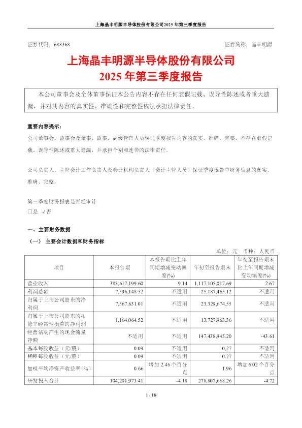 晶丰明源：2025年第三季度报告