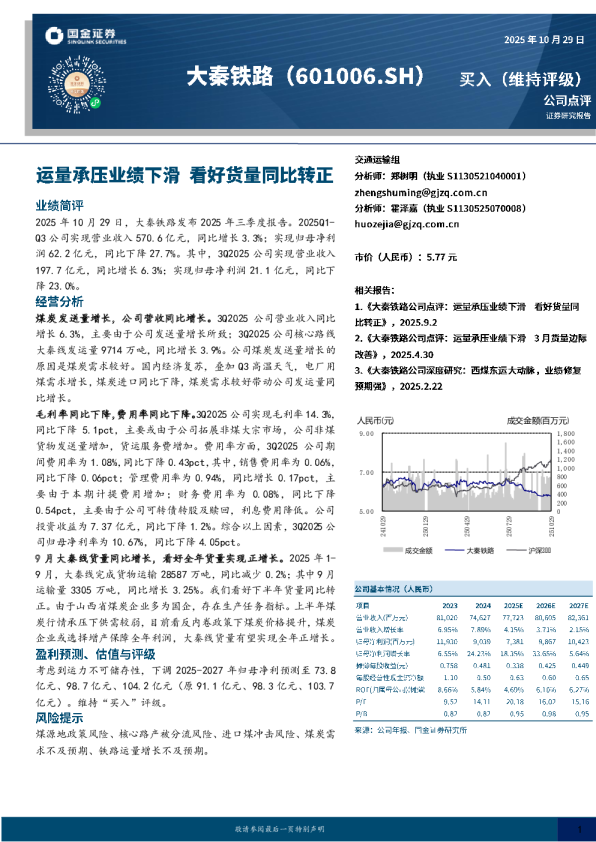 运量承压业绩下滑，看好货量同比转正