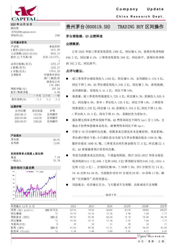 茅台酒稳健，Q3业绩降速