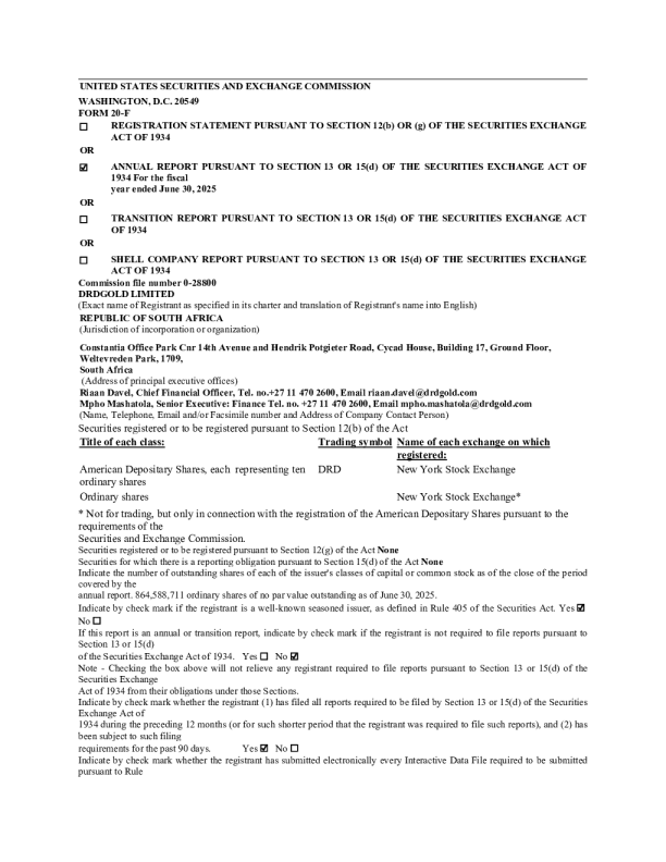DRDGOLD Ltd ADR 2025年年度报告和过渡报告