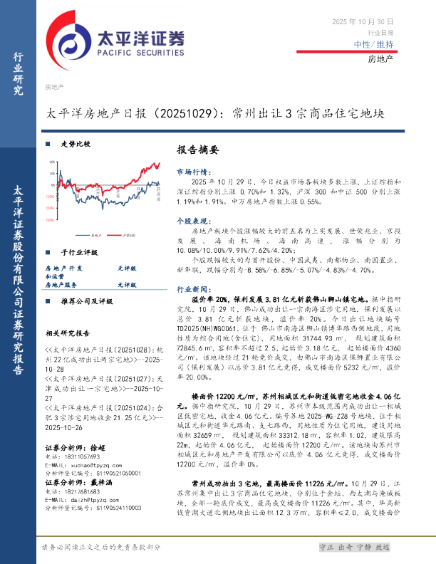 太平洋房地产日报：常州出让3宗商品住宅地块