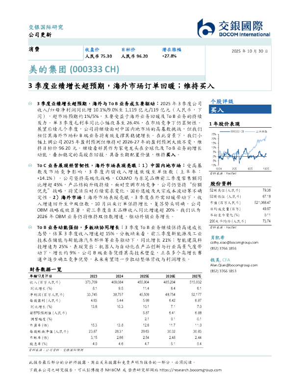 3季度业绩增长超预期，海外市场订单回暖；维持买入