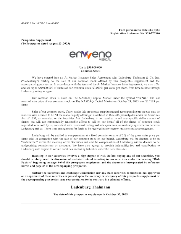 enVVeno医疗公司美股招股说明书(2025-10-30版)
