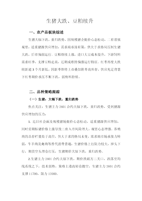 天富期货生猪大跌、豆粕续升