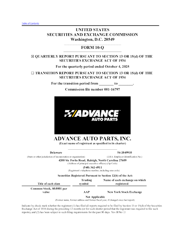 Advance Auto Parts Inc 2025年季度报告