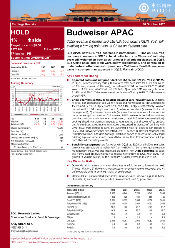 百威亚太2025年第三季度营收及经调整EBITDA同比均下降高个位数百分比；仍需等待需求端尤其是中国市场的转折点
