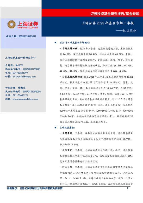 权益基金：上海证券2025年基金市场三季报