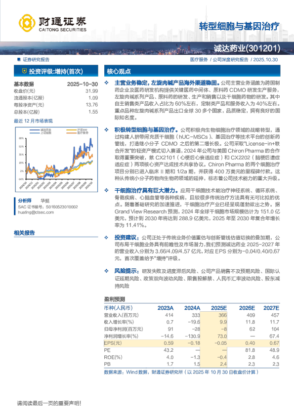 诚达药业(301201)转型细胞与基因治疗