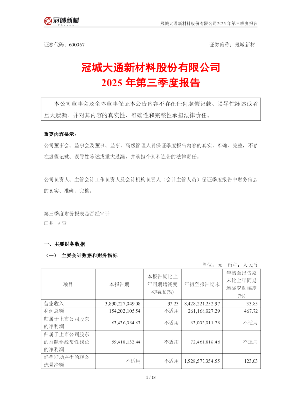 冠城新材：冠城新材2025年第三季度报告