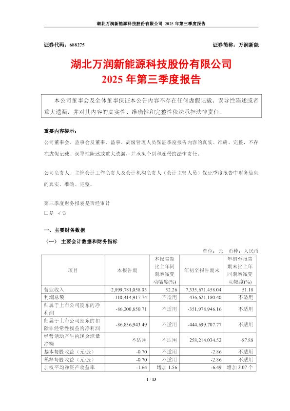 万润新能：2025年第三季度报告