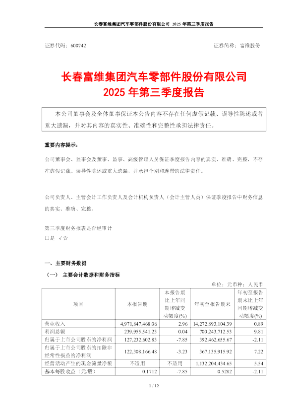 富维股份：2025年第三季度报告