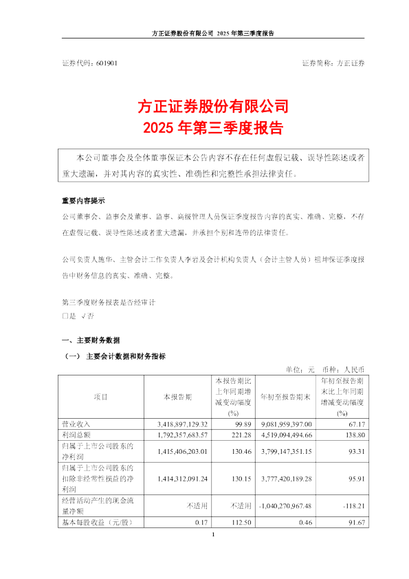 方正证券：2025年第三季度报告