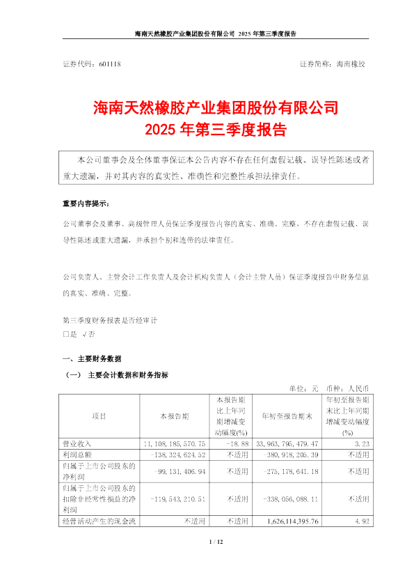 海南橡胶：2025年第三季度报告